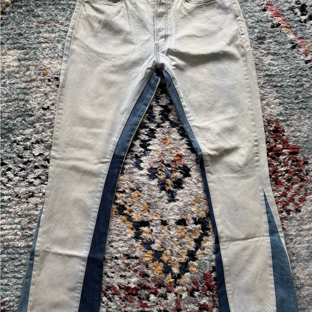 Cream and Blue Flare Jeans with Two-Tone Inseam and Flare Design